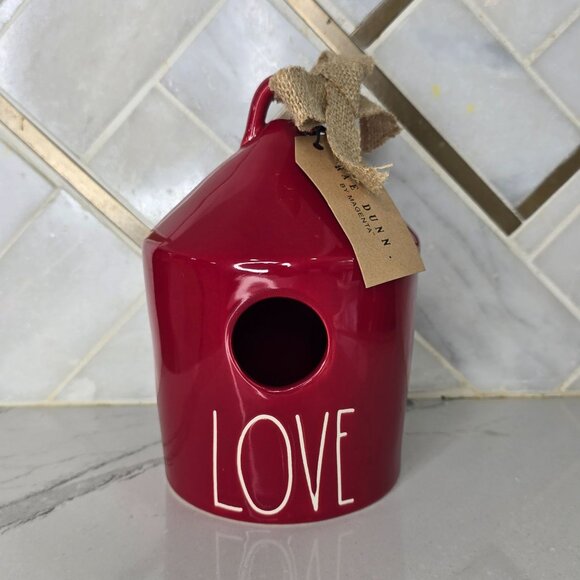 Rae Dunn NWT Red Ceramic Birdhouse With Burlap Ribbon Love Artisan - Picture 3 of 8